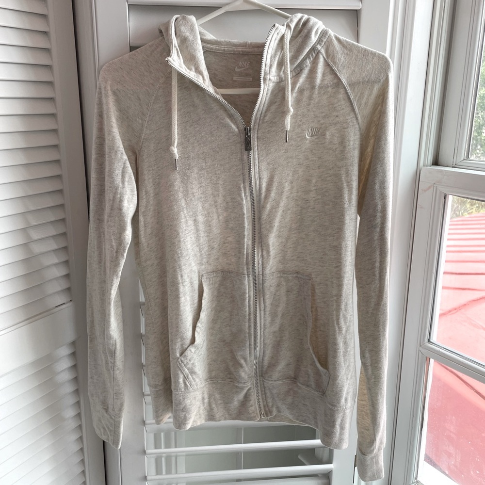 NIKE hooded workout zip up, heathered with grey/cream